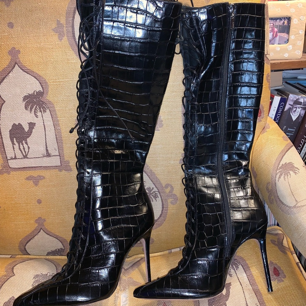 Schutz black knee high boots size 9.5 B with lace up front. Gorgeous. NWT